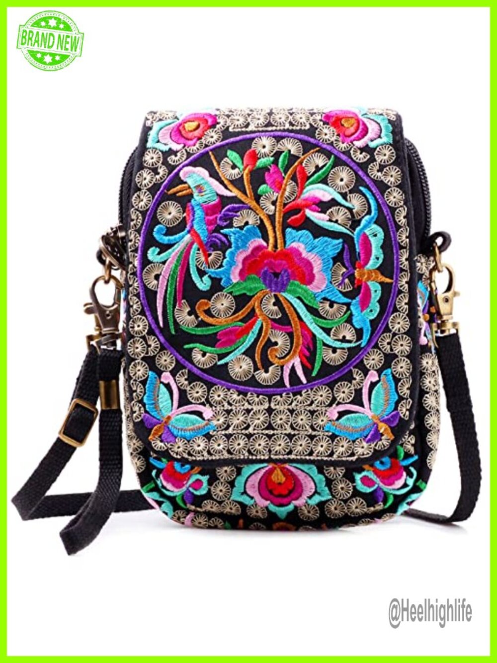 Embroidered Canvas Mini Crossbody Bag Wristlet Coin Purse Cell Phone Pouch